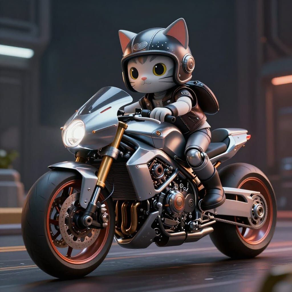 Hell's Angel Cat Rides Futuristic Mech Bike