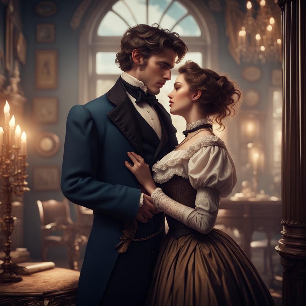 Victorian Couple's Tender Embrace: Detailed Matte Painting