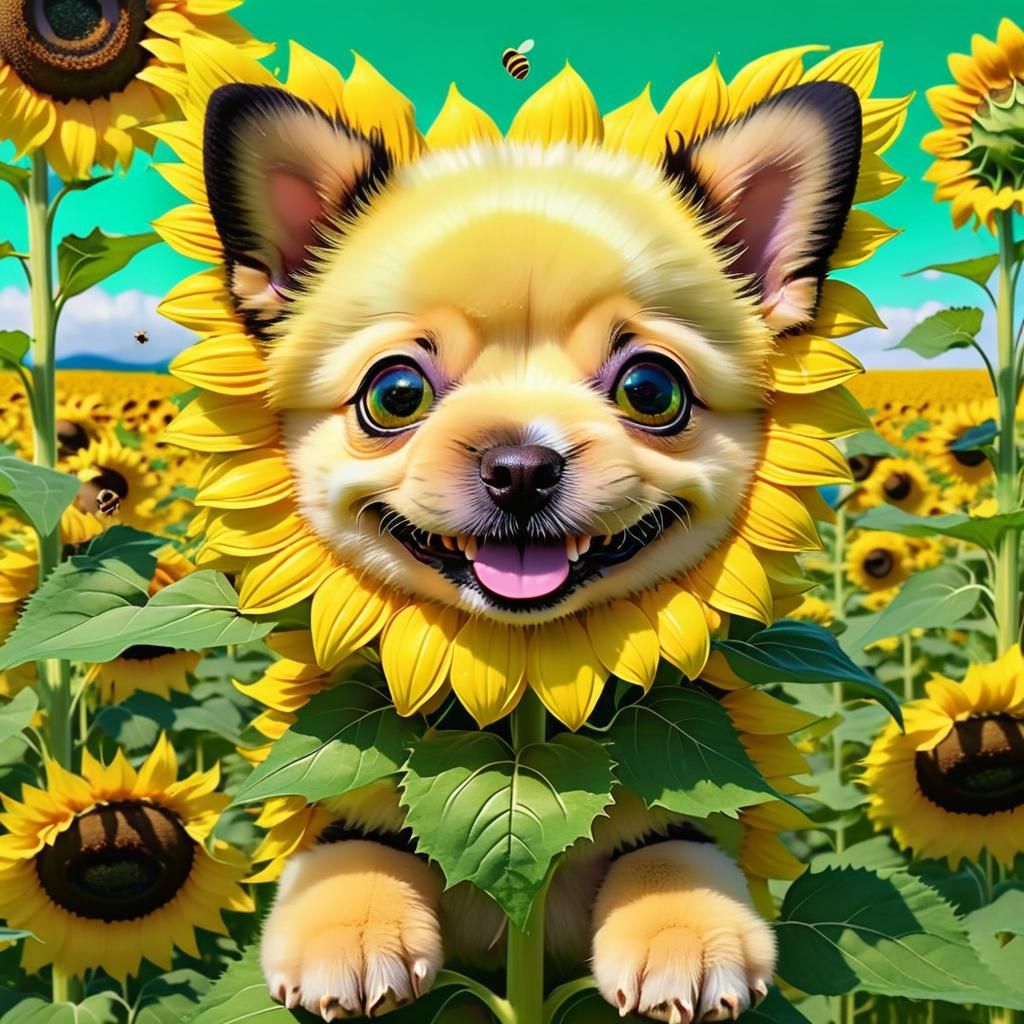 Cute Sunflower Puppy in Anime Kawaii Style