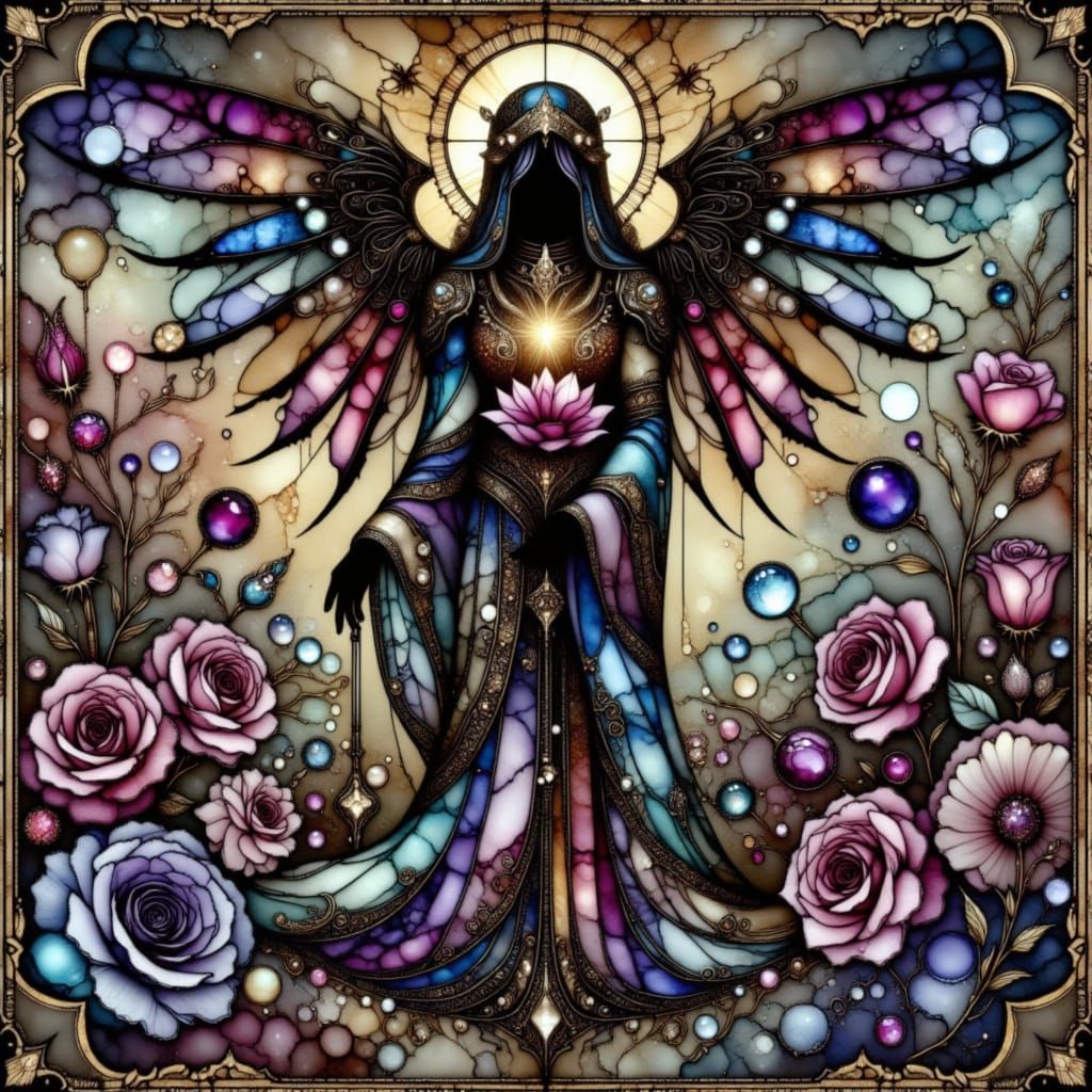 Dark Angel Mesmerized by Blooming Rose in Cemetery Garden