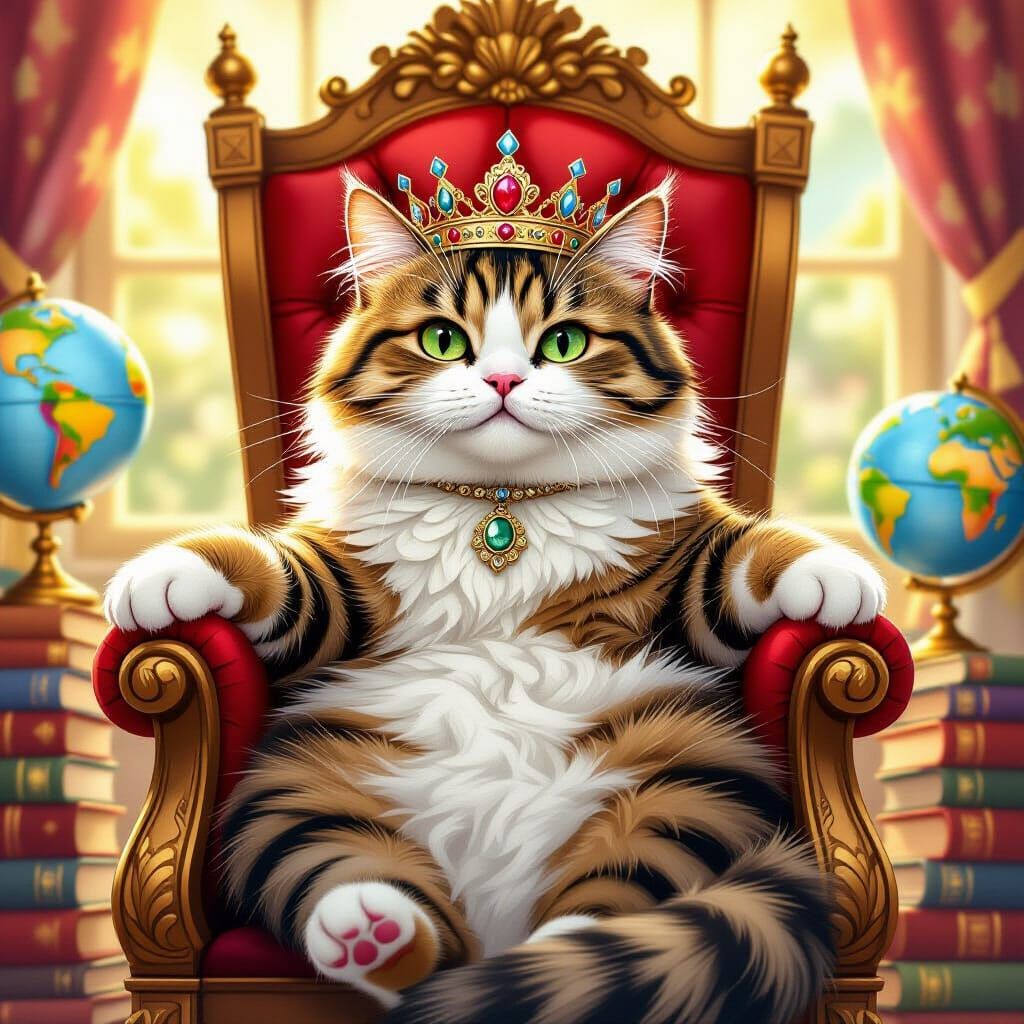 Regal Tabby Cat Rules World on Book Throne