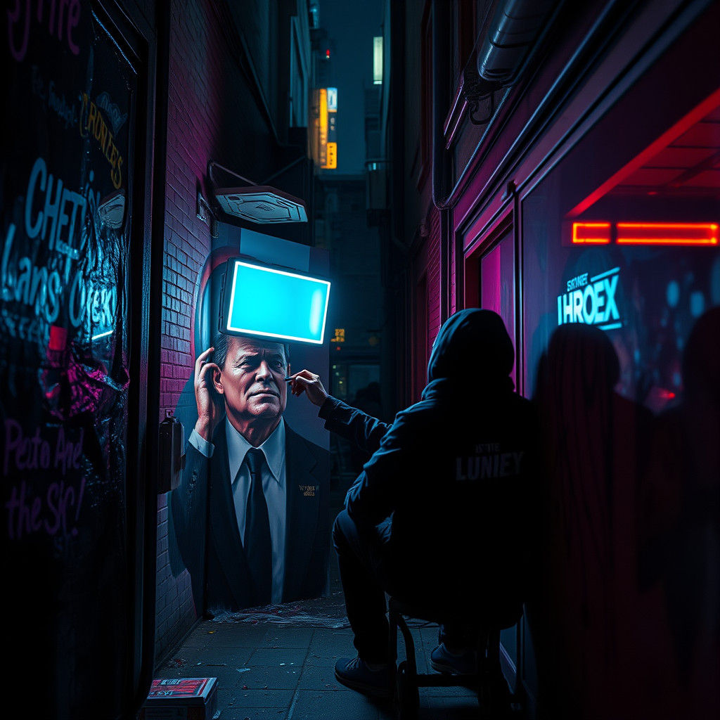 Neon Cyberpunk Mural of Politician with Computer Head