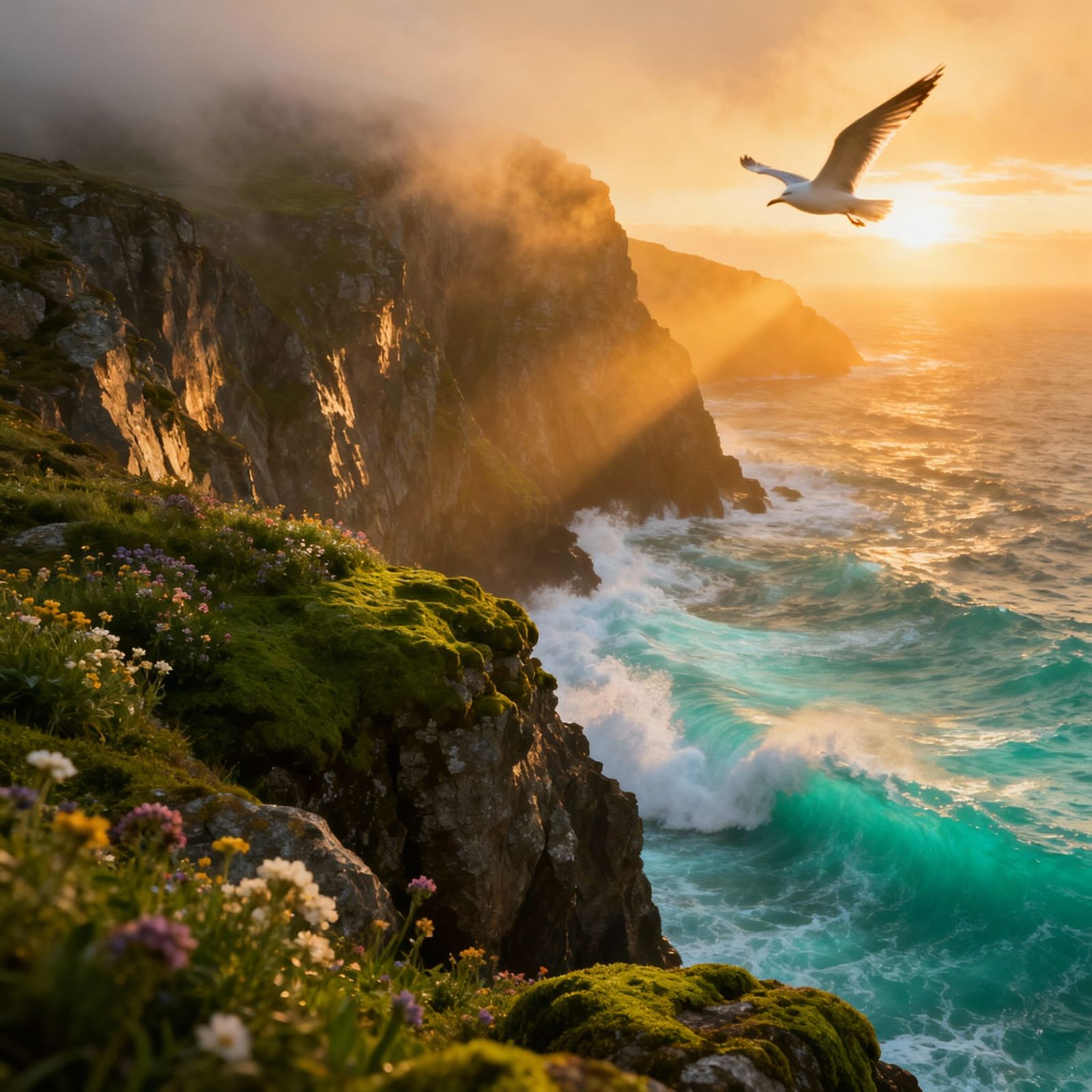 Turquoise Sea Meets Cliffs at Sunset in Golden Mist