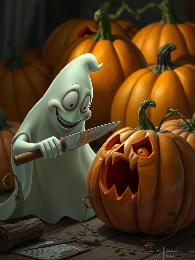 Ghost Sharpens Knife as Pumpkin Screams: Pixar Style