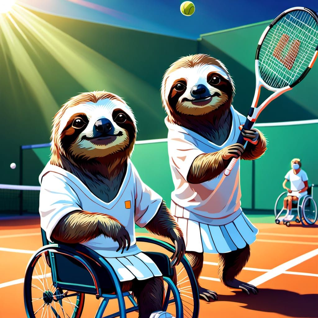Sloths Play Wheelchair Tennis: Vibrant Digital Painting