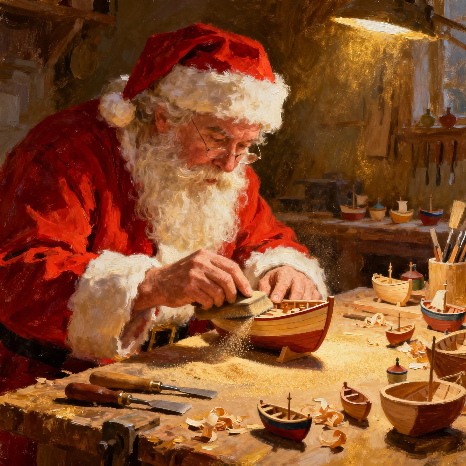 Santa Claus Building Miniature Boats with Impressionistic De...