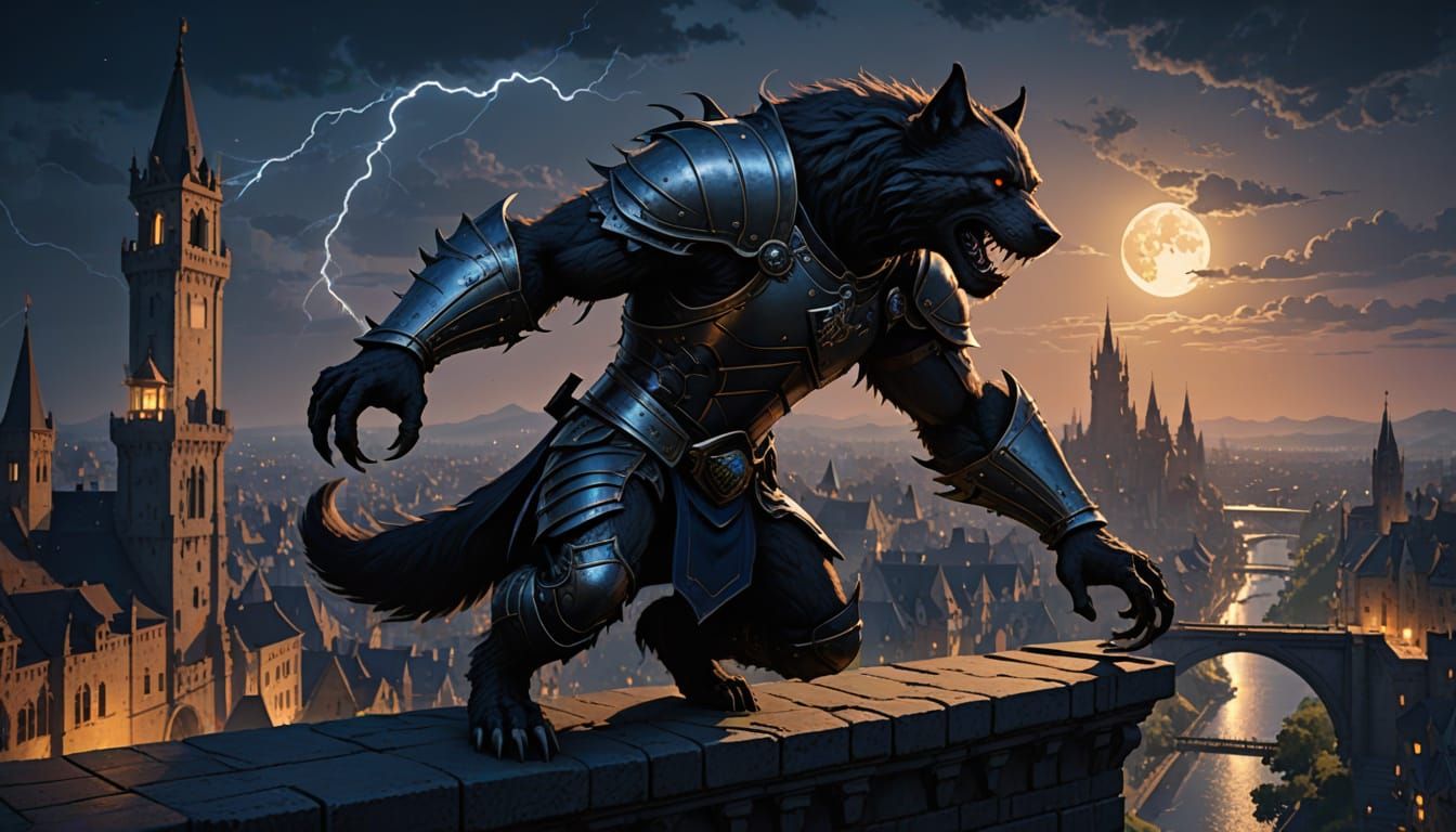 Werewolf Knight Engages City in Epic Dark Fantasy Battle