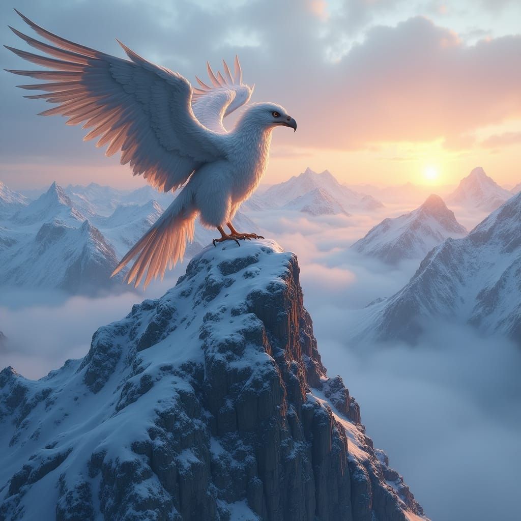 Majestic Griffin in Snow-Capped Landscape with Iridescent Fe...