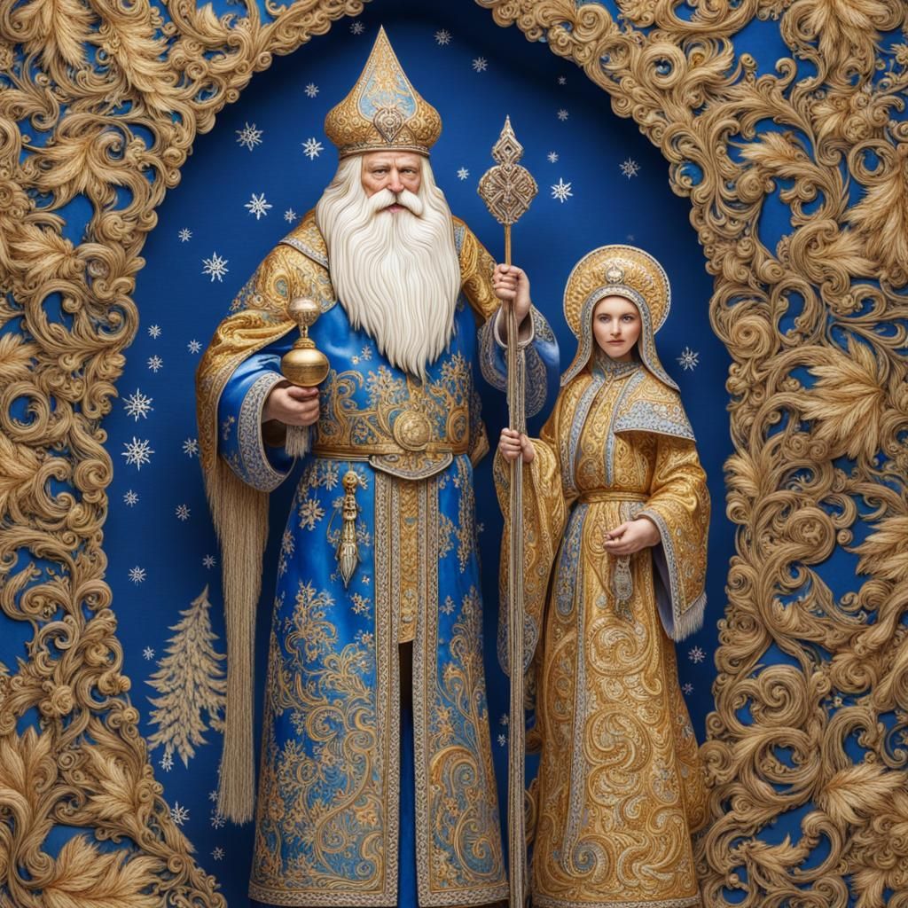 Ded Moroz and Snegurochka in Traditional Slavic Style