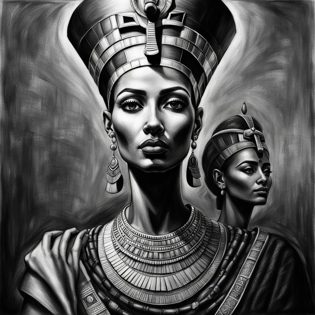 Hyperdetailed Charcoal Drawing: Nefertiti and Cleopatra