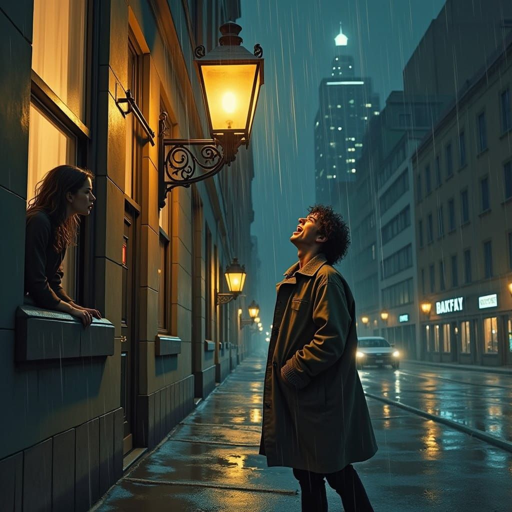 Eccentric Street Performer Shouts Under the Rainy City Light...