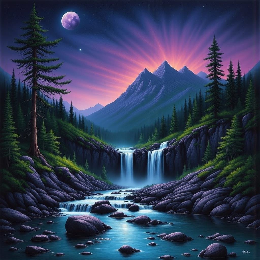 Moonlit Mountain Waterfall
