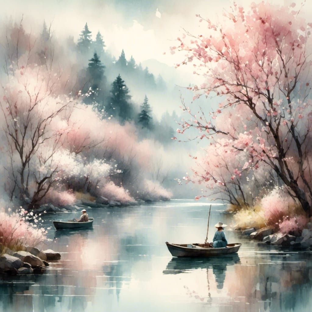 Serene Cherry Blossoms in Ukiyo-e Style