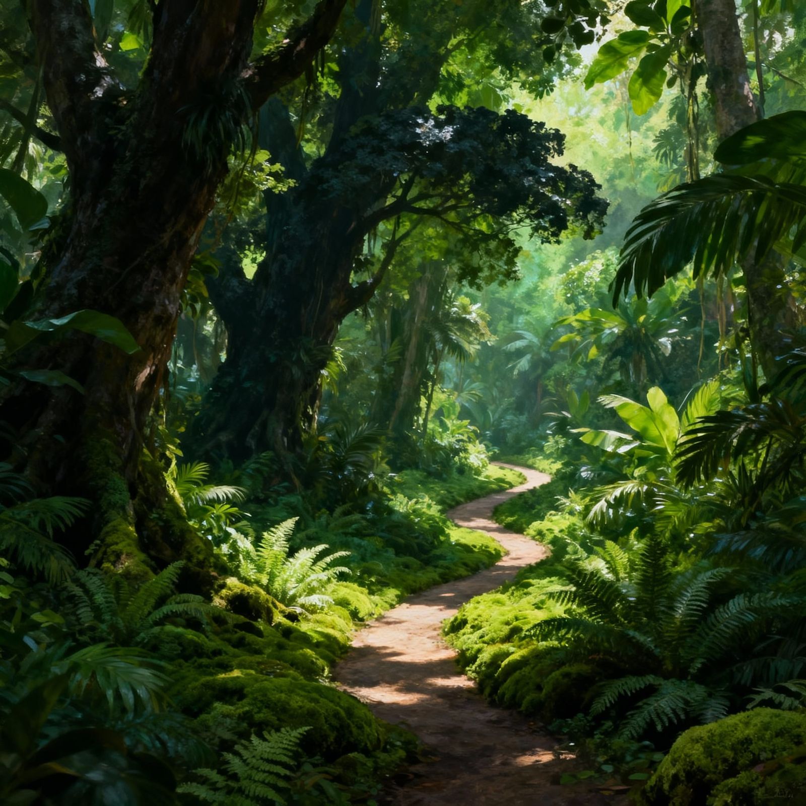 Vibrant Tropical Forest Digital Painting with Dappled Sunlig...