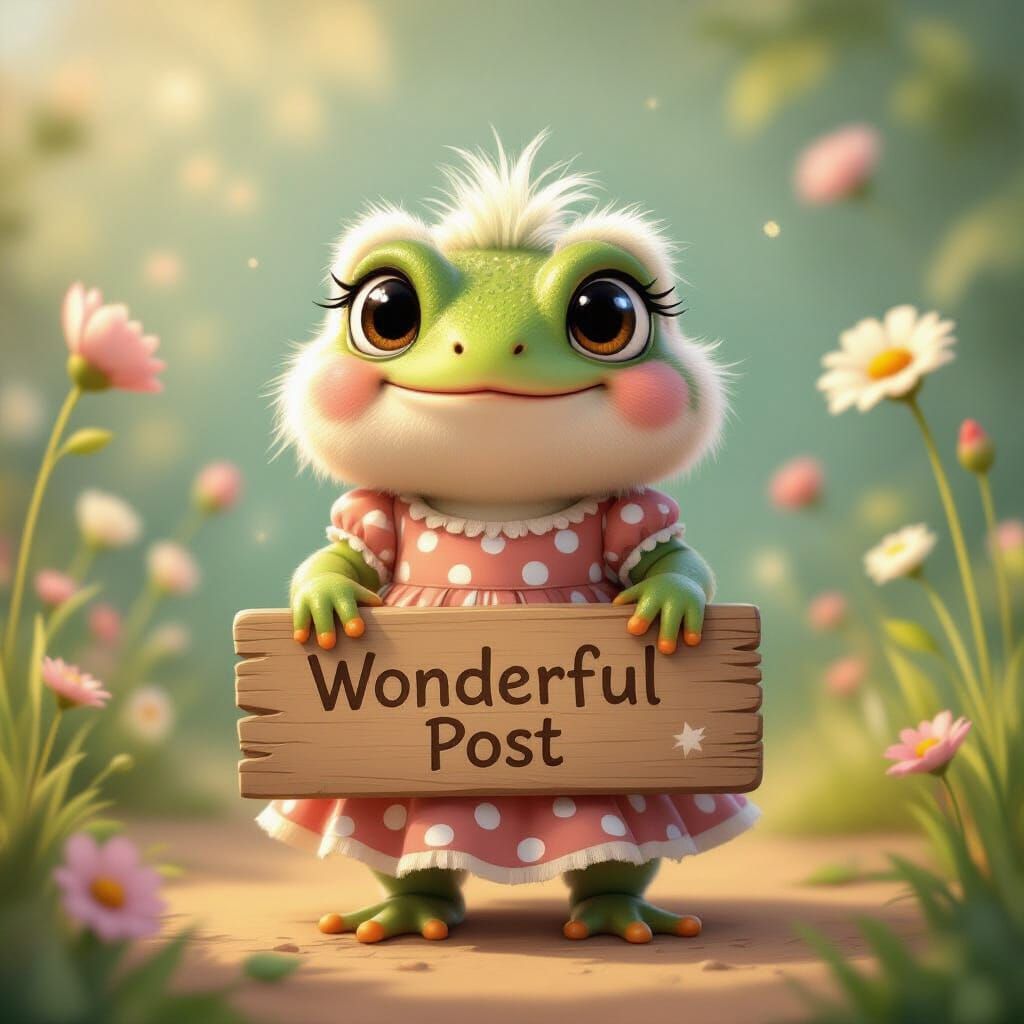 Fluffy Baby Frog Holds 'Wonderful Post' Sign in Dreamy Style