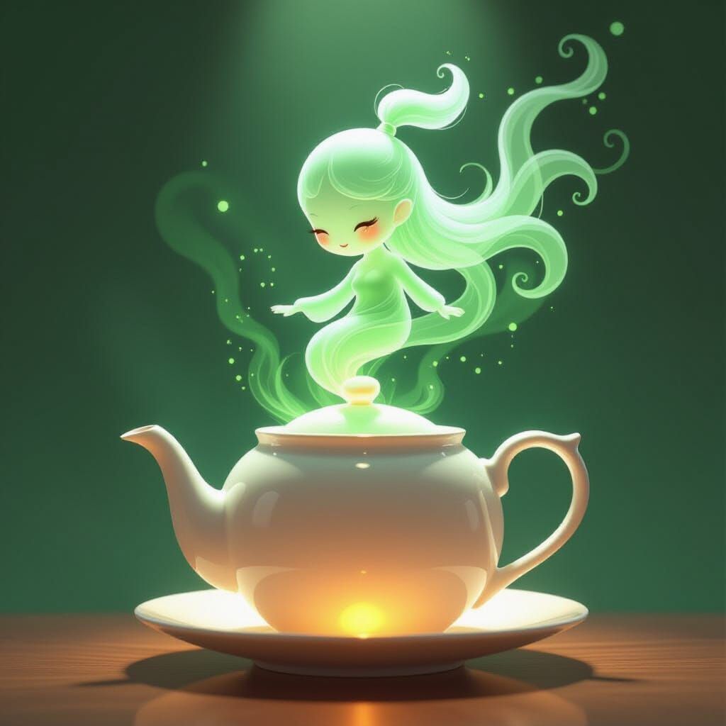 Ethereal Green Tea Spirit Emerges From White Teapot