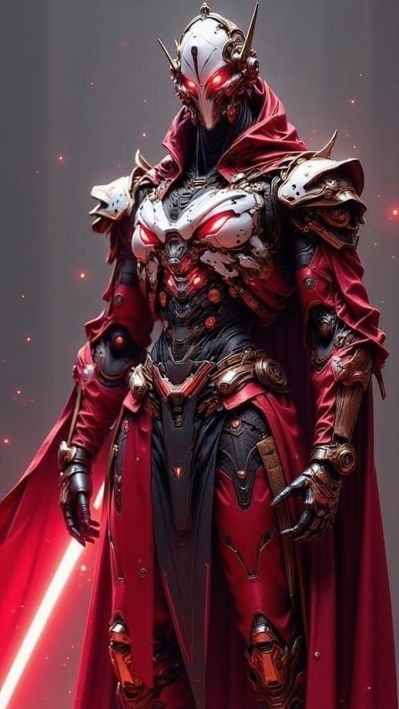 Cyberpunk Sith Lord in Red Armor Stands Tall