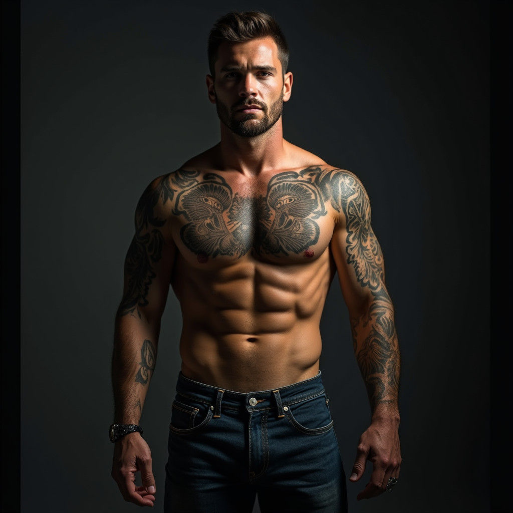 Dramatic Portrait of Muscular Man with Tattoos