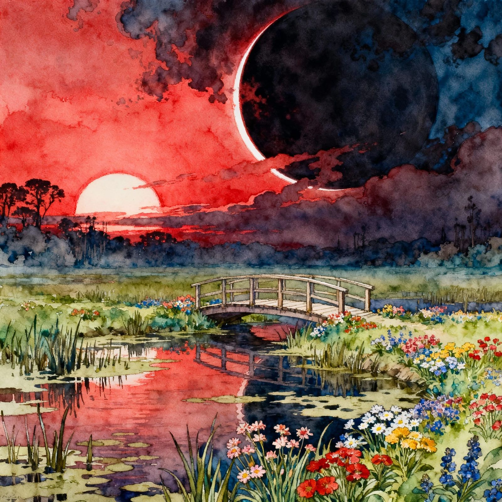 Dramatic Celestial Eclipse Over Swampy River