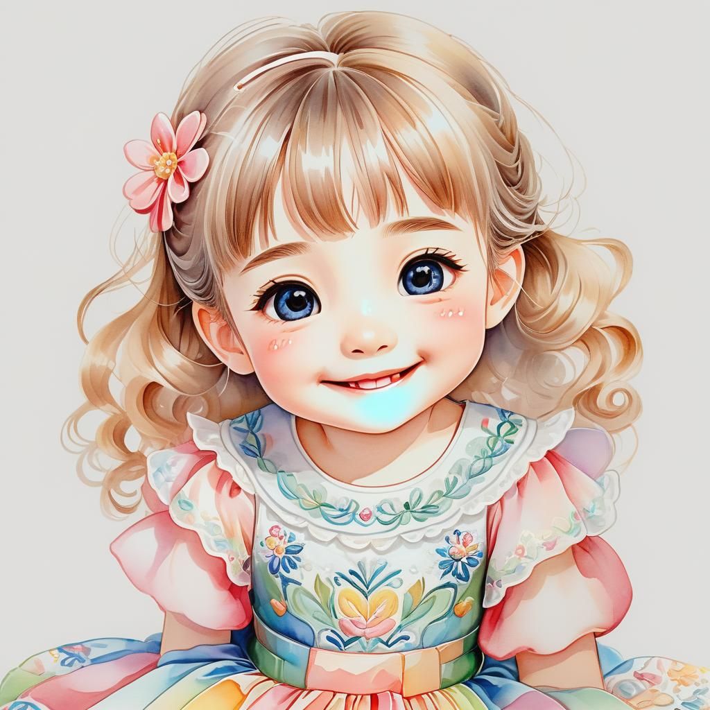 Anime-Style Portrait of Smiling Girl in Embroidered Dress