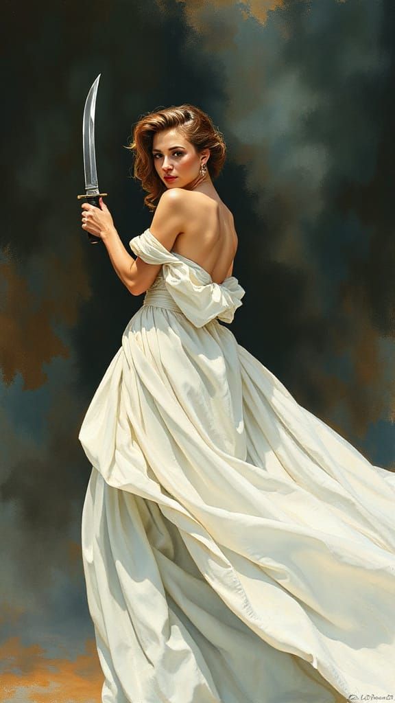 Elegant Woman in Synthetism Style with Dramatic Lighting