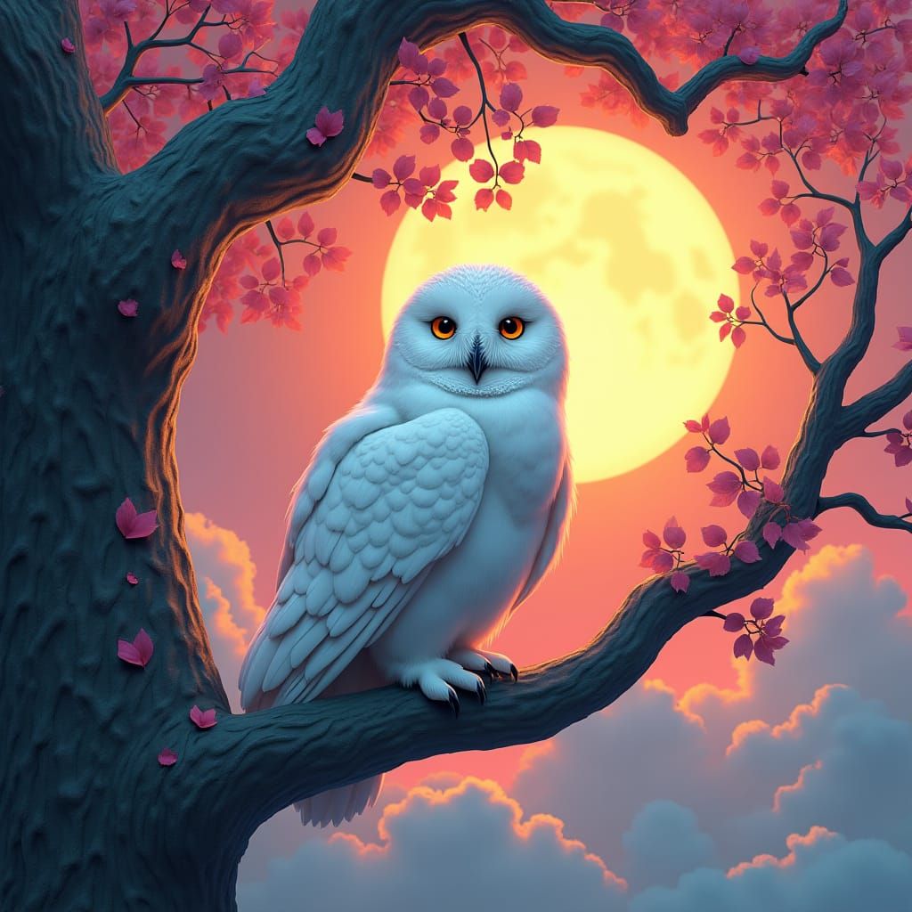 Owl in Colorful Tree Under Yellow Moon