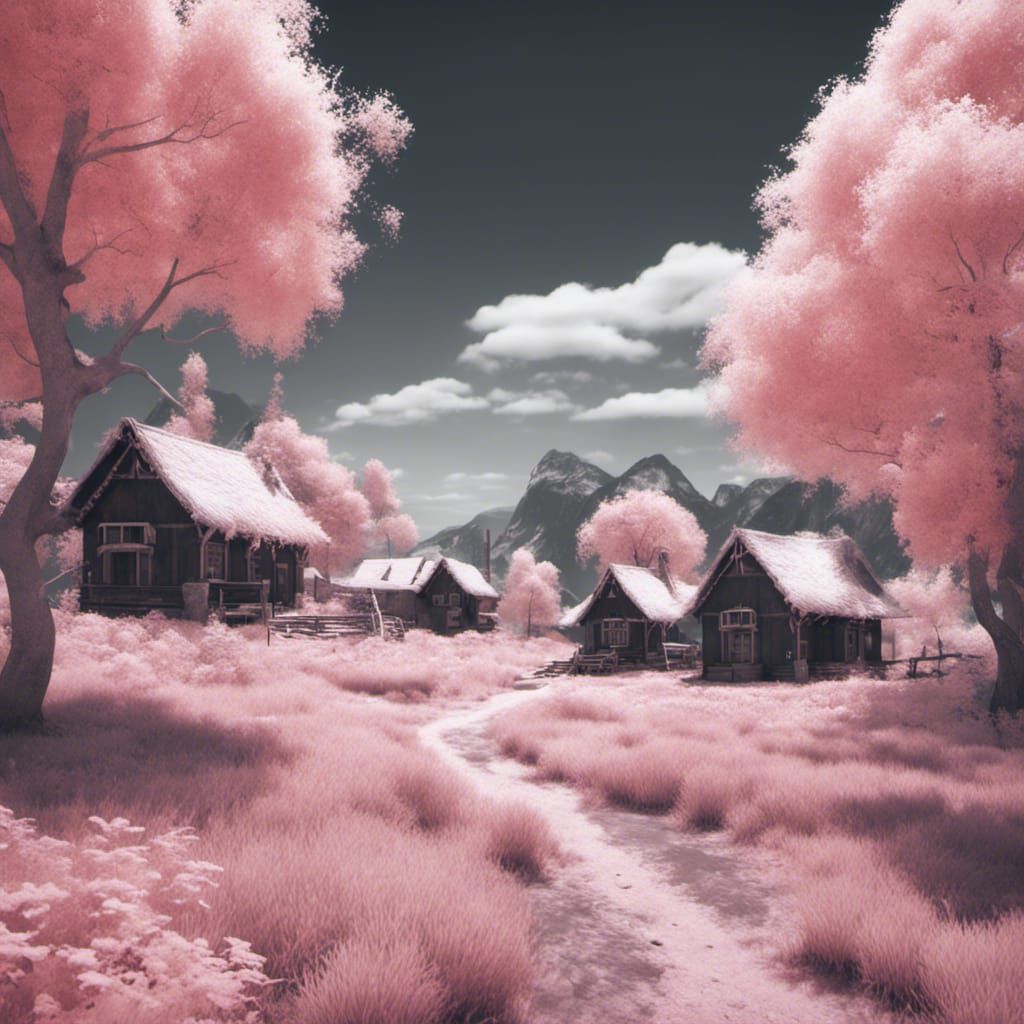 Infrared Monochrome Valley with Cottages: Matte Painting