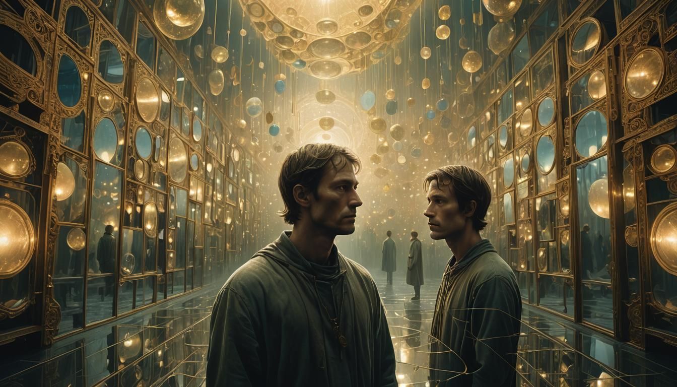 Man Surrounded by Mirrors in Surreal Style