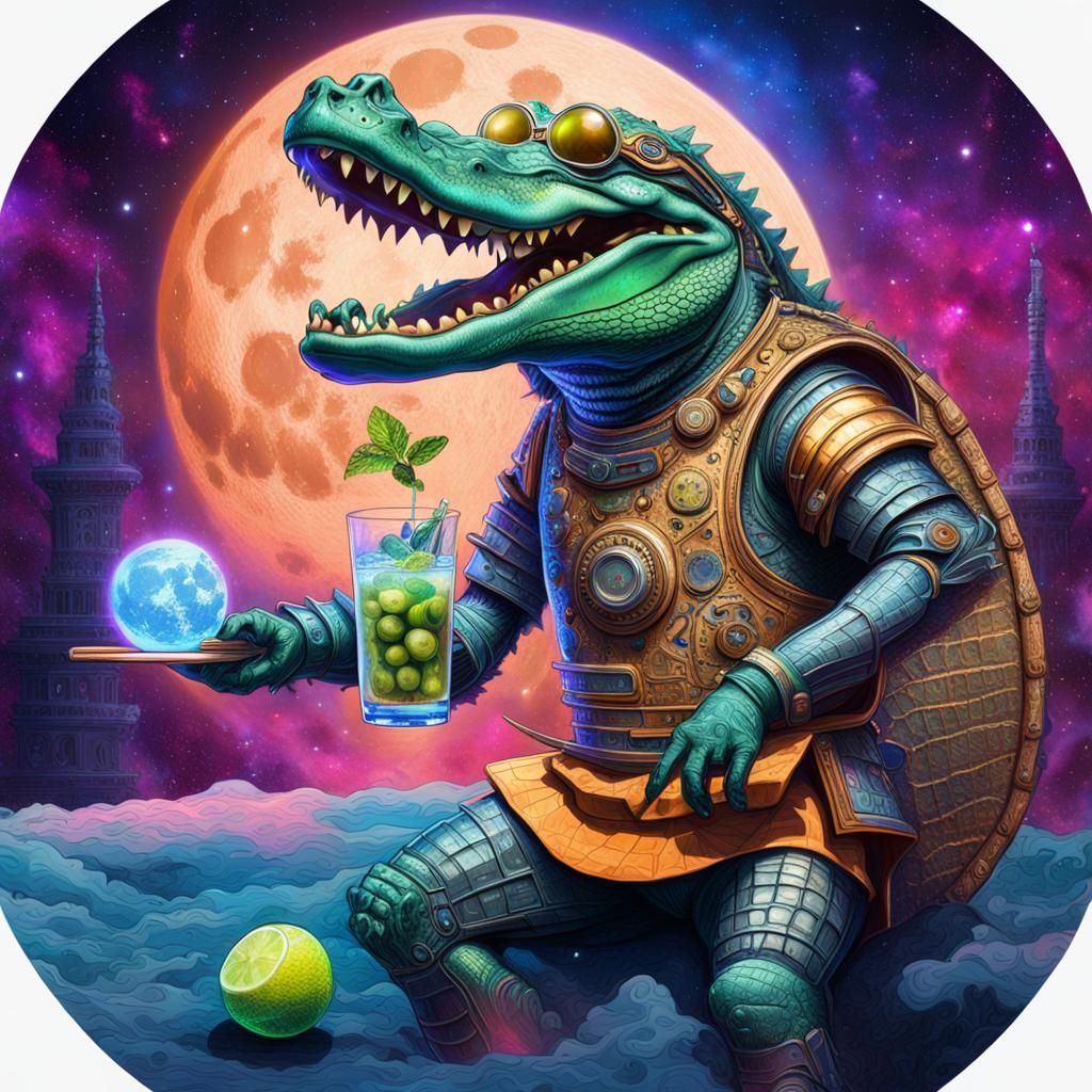 Alligator and Cyborg Tennis Match on the Moon