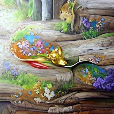 Magpie with Golden Spoon in Lush Woodland Painting
