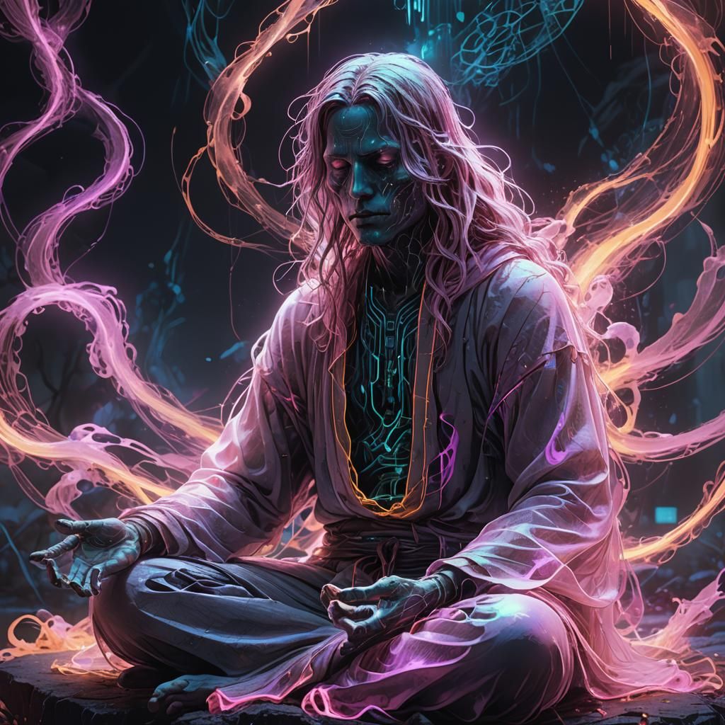 Ethereal Ghost Meditating: Surreal Splash Art in Vivid Color