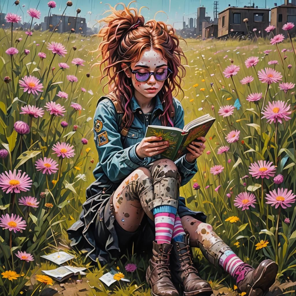 Girl Reading in Dandelion Field in Graffiti Art Style