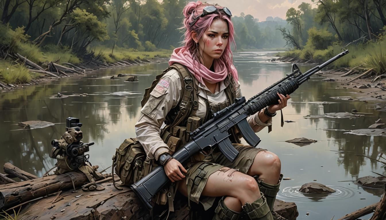 Post-Apocalyptic Girl Fishing: Ultra-Detailed Acrylic Painti...
