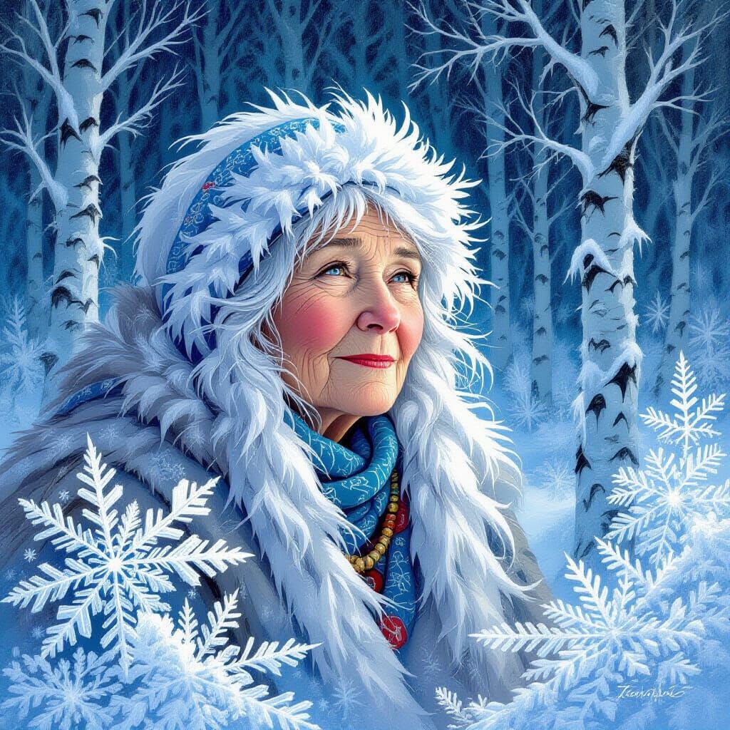 Cailleach Goddess of Winter in Frozen Forest