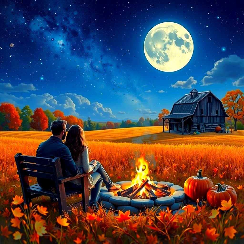 Couple Stargazing by Bonfire on Autumn Night