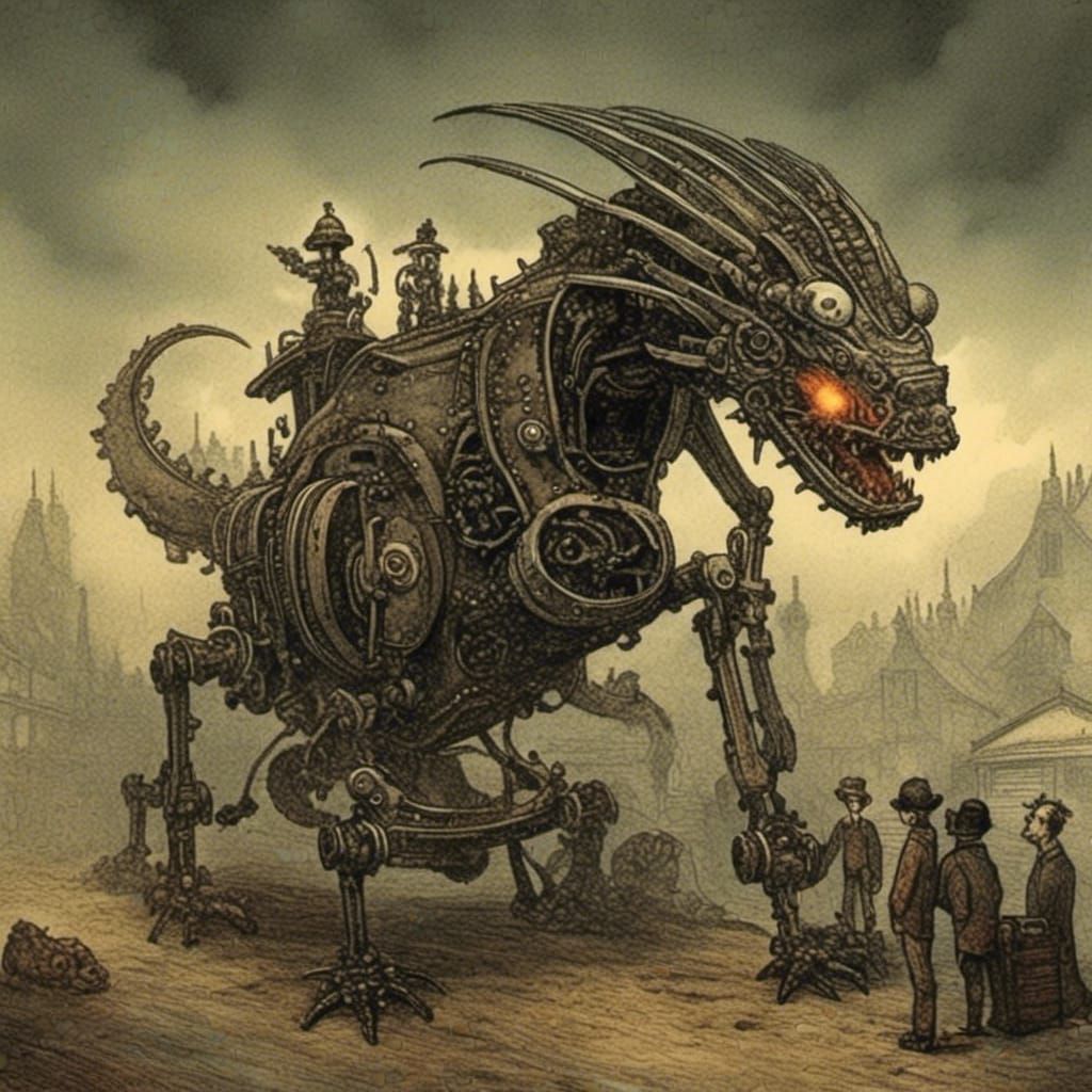 Menacing Robot Dragon Horror in Nightmare Style