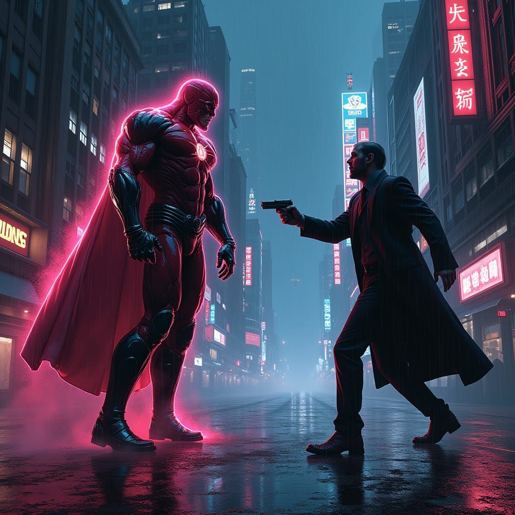 Cosmic Superhero Battles Villain in Neon Dystopian City