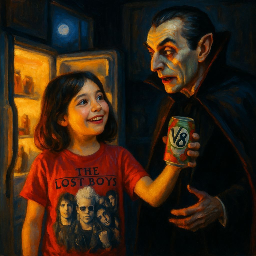 Charming Oil Painting: Girl Offers Dracula V-8 Juice