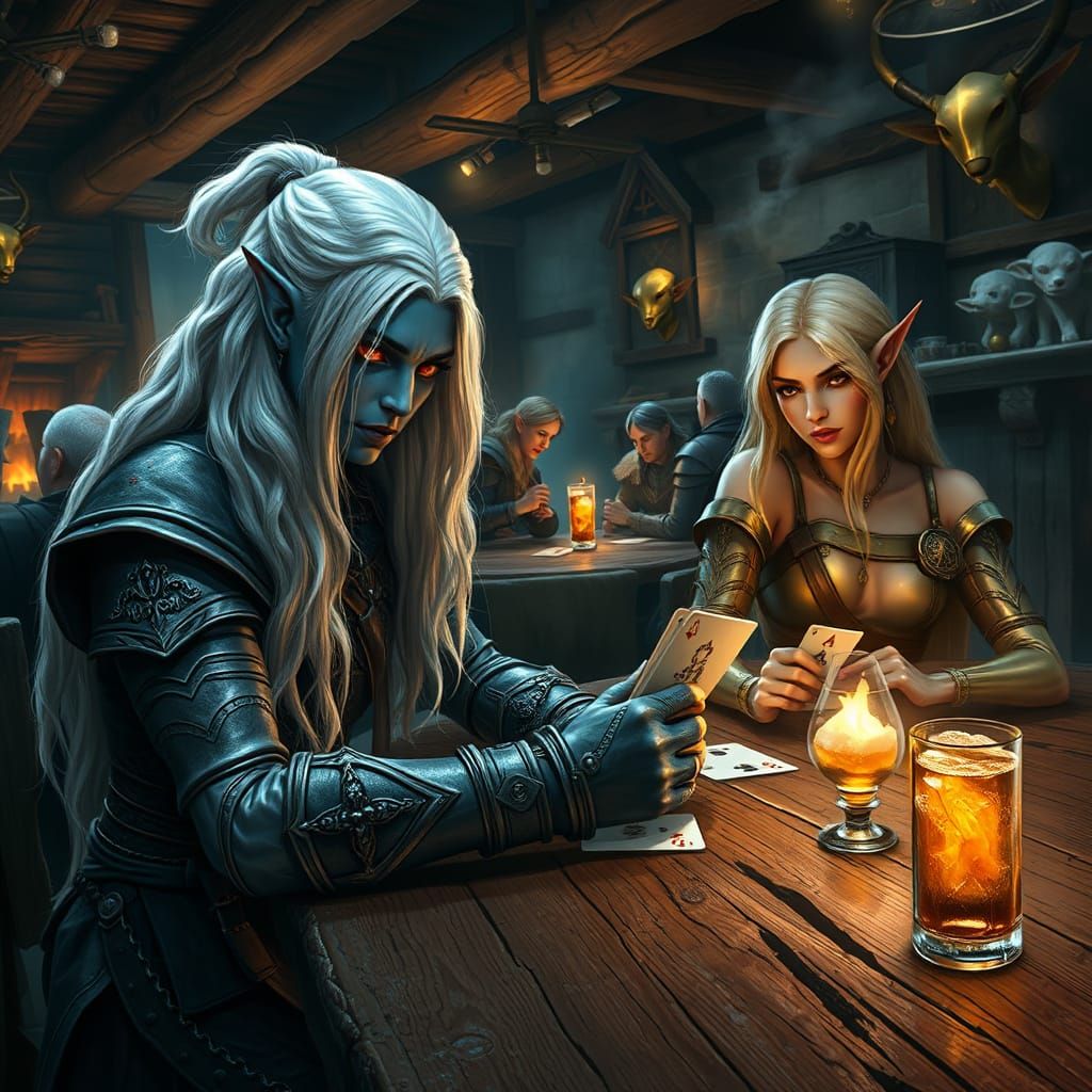 Fierce Drow Warrior Plays Cards with Elegant Elf in Medieval...