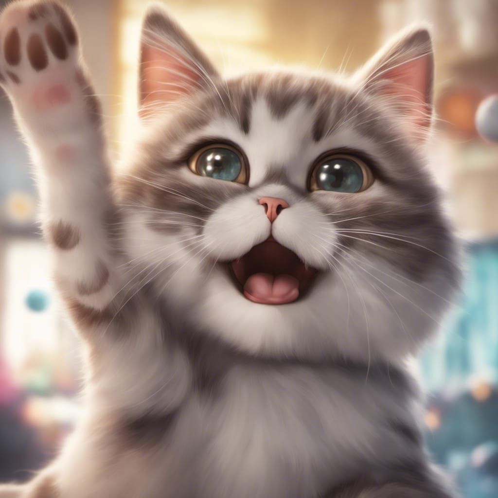 Anime Cat Waving in Dreamland, Hyperrealistic Style