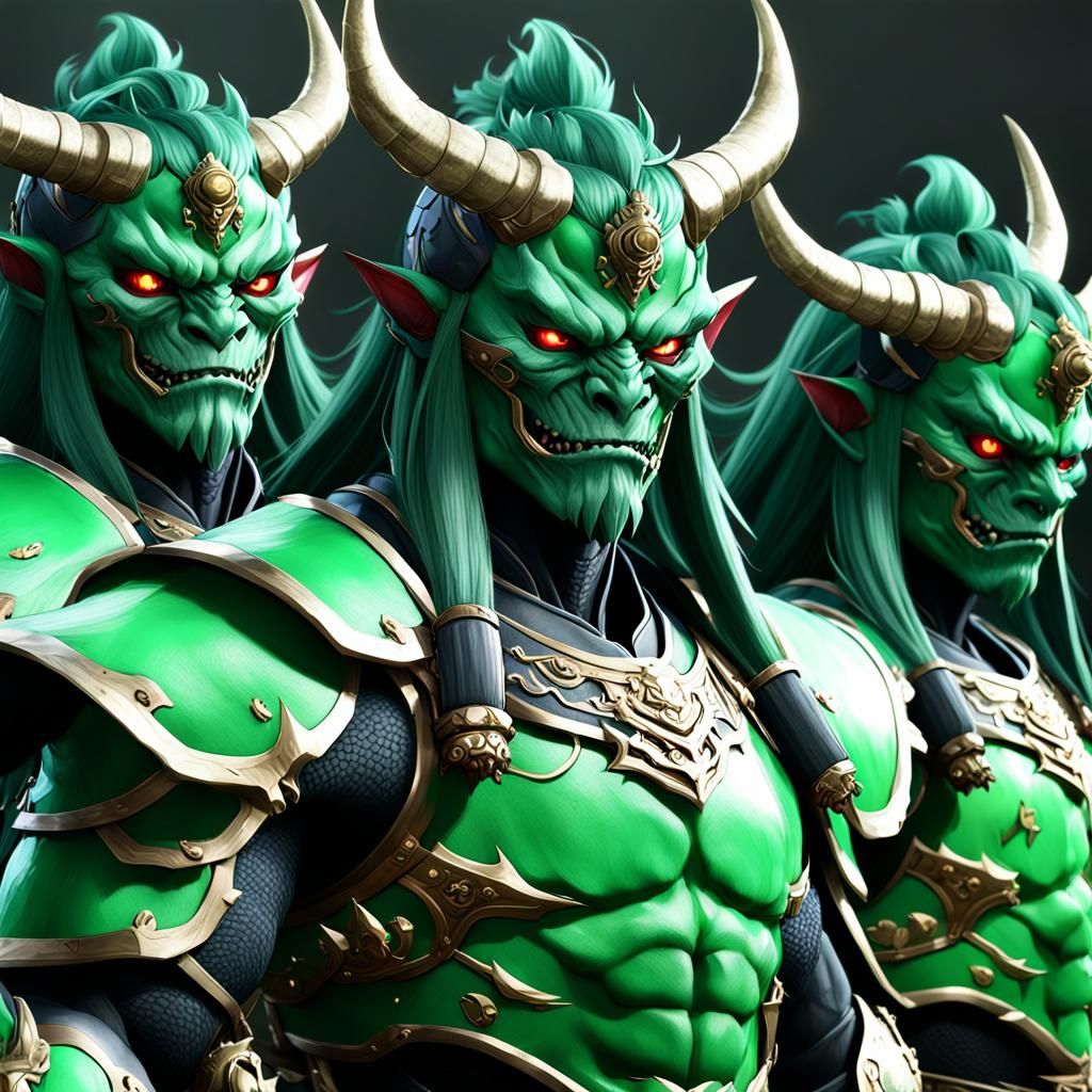 Three-Headed Oni Warrior in Anime Style
