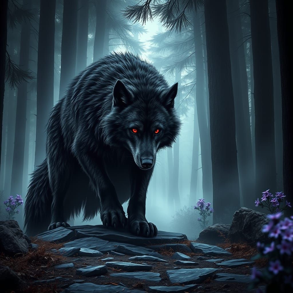 Menacing Wolf with Glowing Eyes in Misty Forest