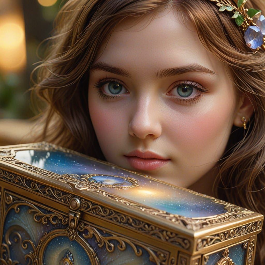 Pandora's Glimpse: A Magical Box in Golden Light