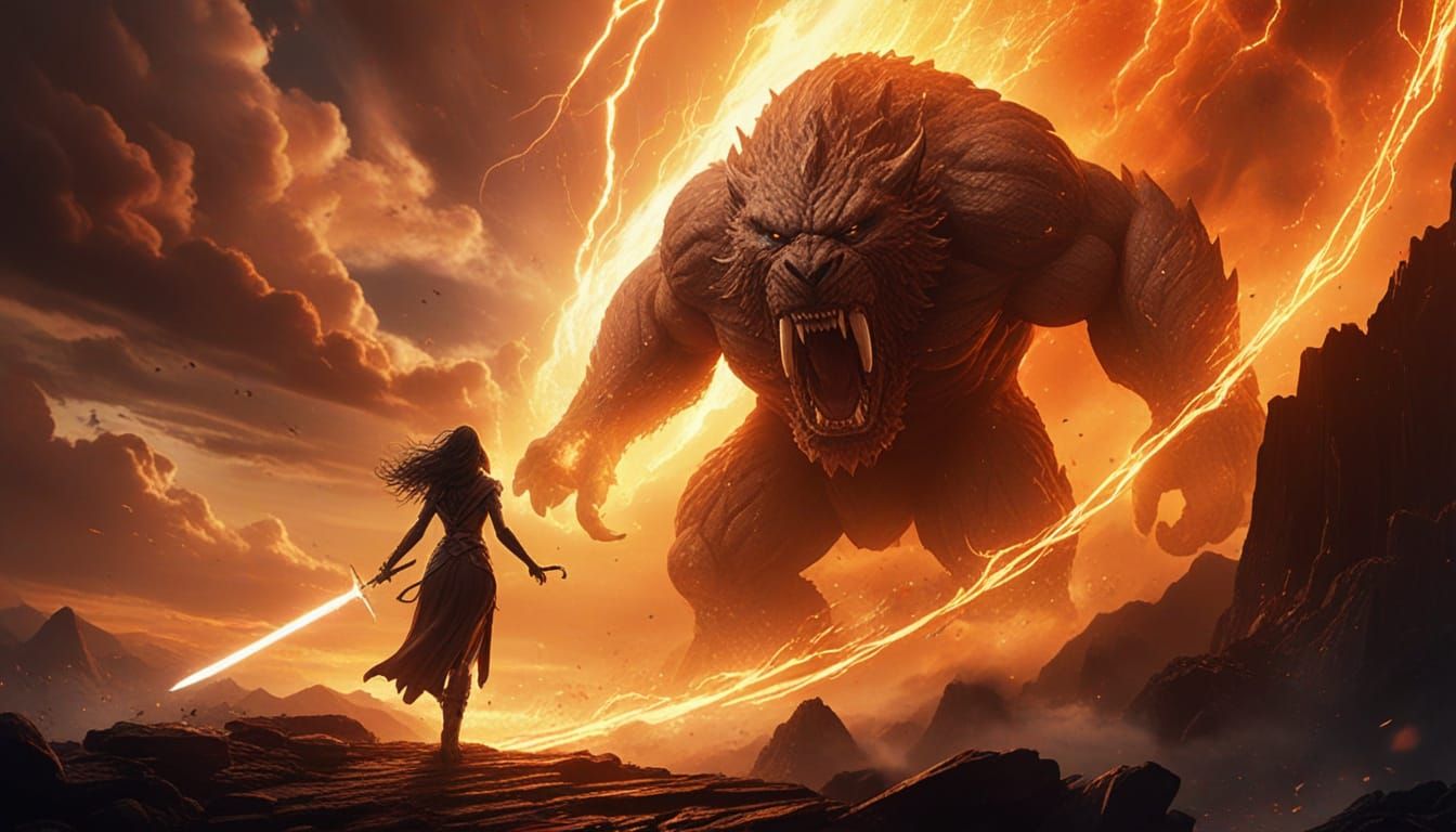 Divine Warrior Goddess Battling Shadow Titan