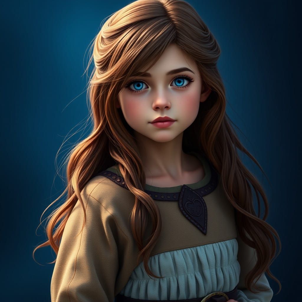 Tall, Brown-Haired Girl with Blue Eyes in Soft, Dreamy Setti...