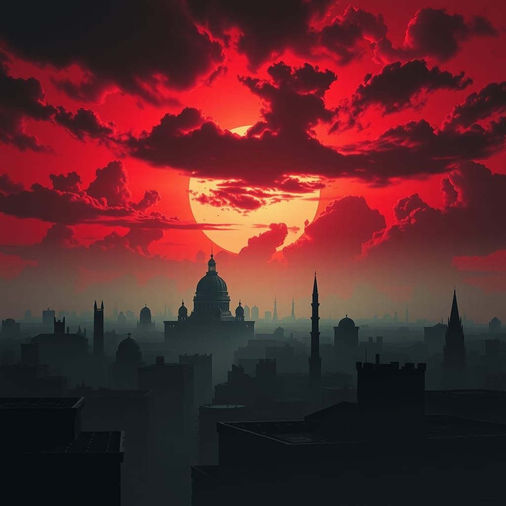 Dark City Silhouette Against Blood-Red Sky