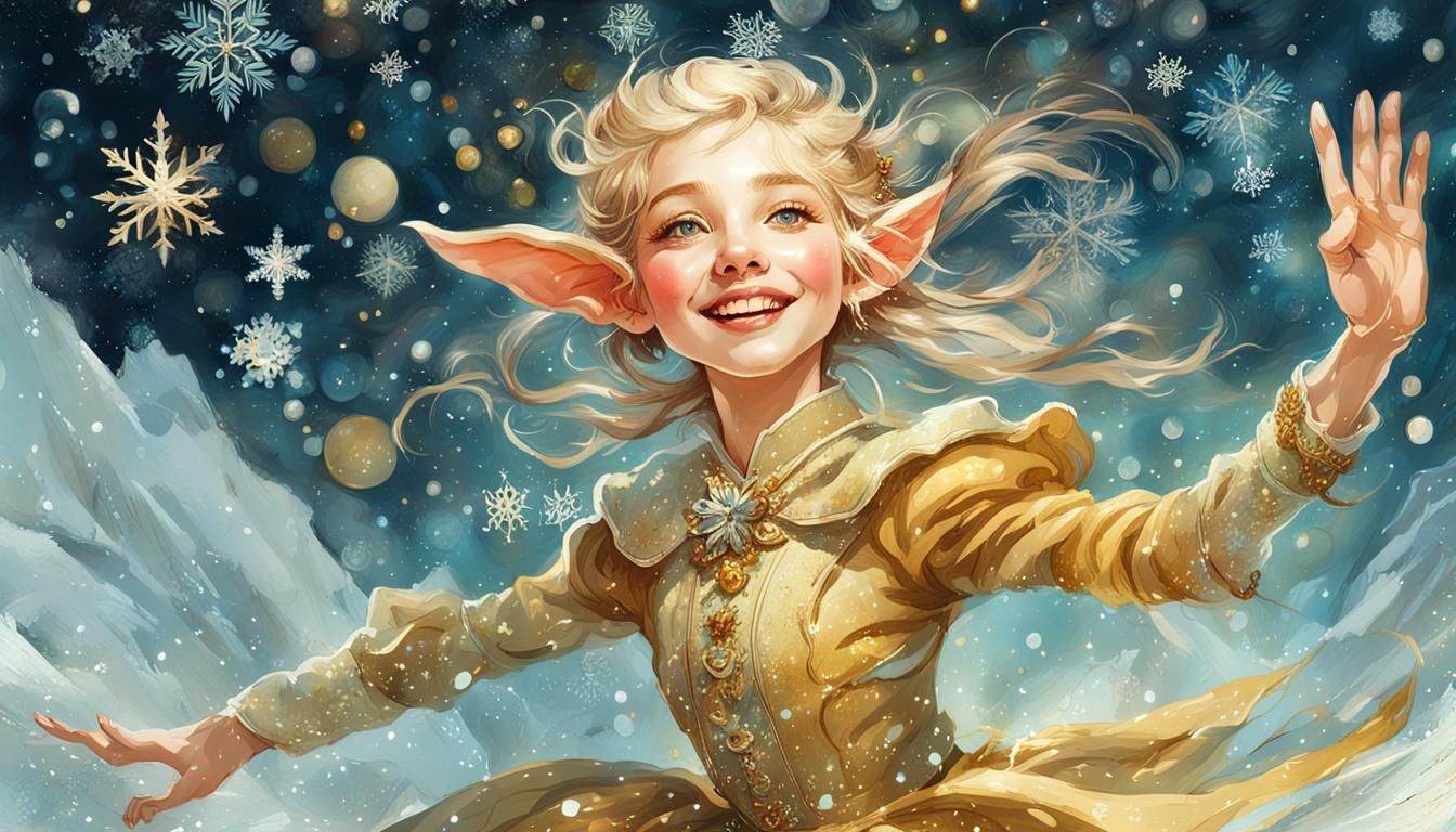 Smiling Elf Dances in Winter Magic