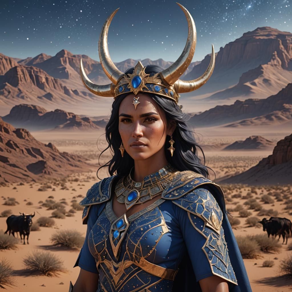 Egyptian Cow Goddess in Desert Landscape
