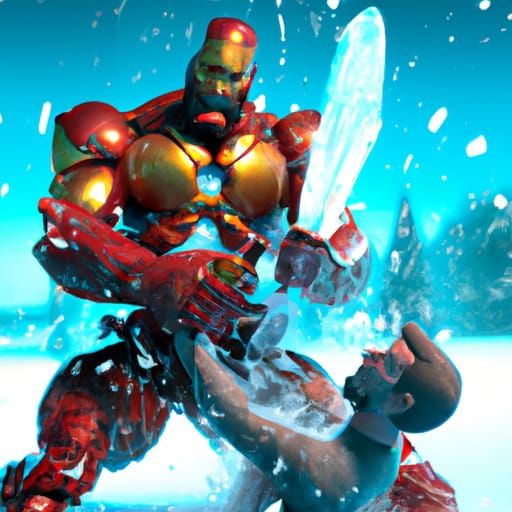 Kratos Defeats Iron Man in Snow, 3D Digital Art