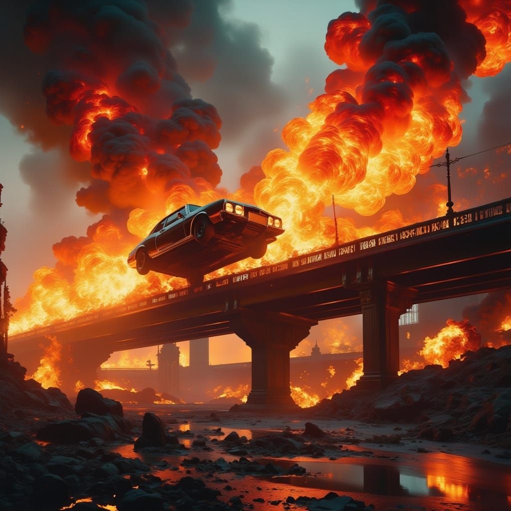Car Soaring Over Burning Bridge in Futuristic Style